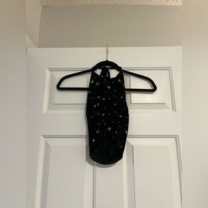 Romwe Black and Silver Star Print Velvet Halter Crop Top Size S (4)